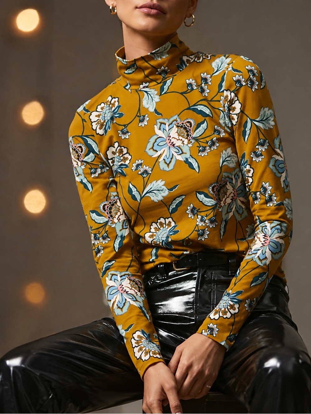Maeve Mustard Floral Mock Neck Long-Sleeve Top